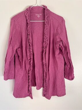 Coldwater Creek Purple Solid Knit Cotton Open Front Ruffle Cardigan XL